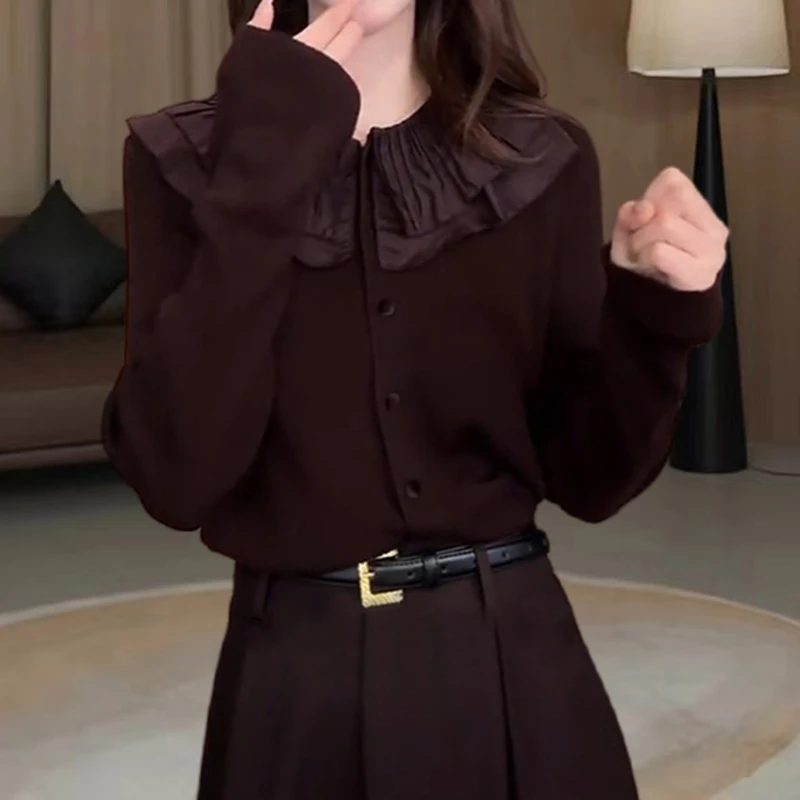 法式荷叶边领长袖大码针织衫秋季新款气质百搭宽松显瘦单排扣上衣