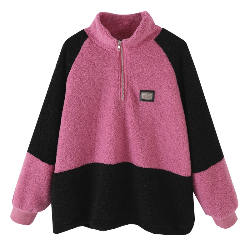 半高领卫衣女加绒加厚2025年秋冬季新款设计感小众拼色羊羔毛外套