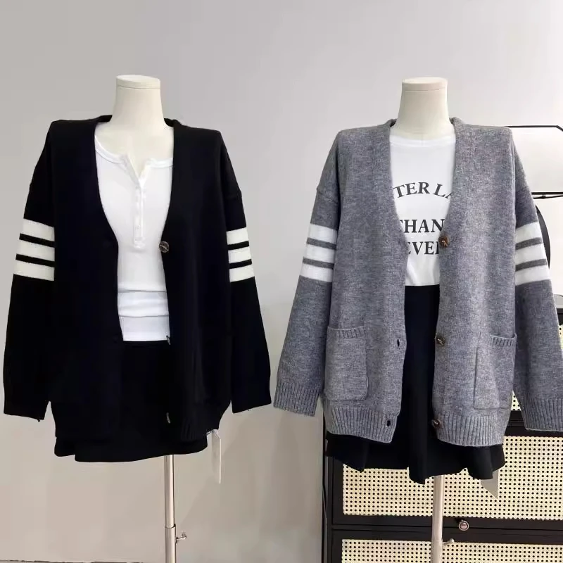 潮流长袖条纹针织开衫女2025春秋新款韩版宽松V领百搭毛衣外套女