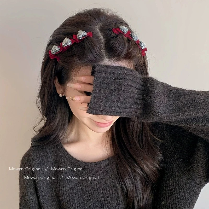 新年红色植绒爱心发夹边夹侧边前额碎发整理神器发卡鸭嘴夹子头饰