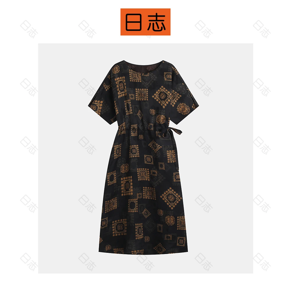 PIPO100桑蚕丝香云纱新中式印花连衣裙气质裙子印花宽松DD52L576