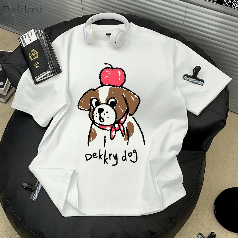 【Dekkry】夏季美式圆领短袖宽松型情侣T恤休闲上衣白色百搭个性
