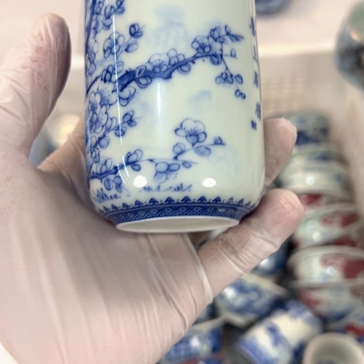 太***极瓷片白青花喜上眉梢可乐杯全品