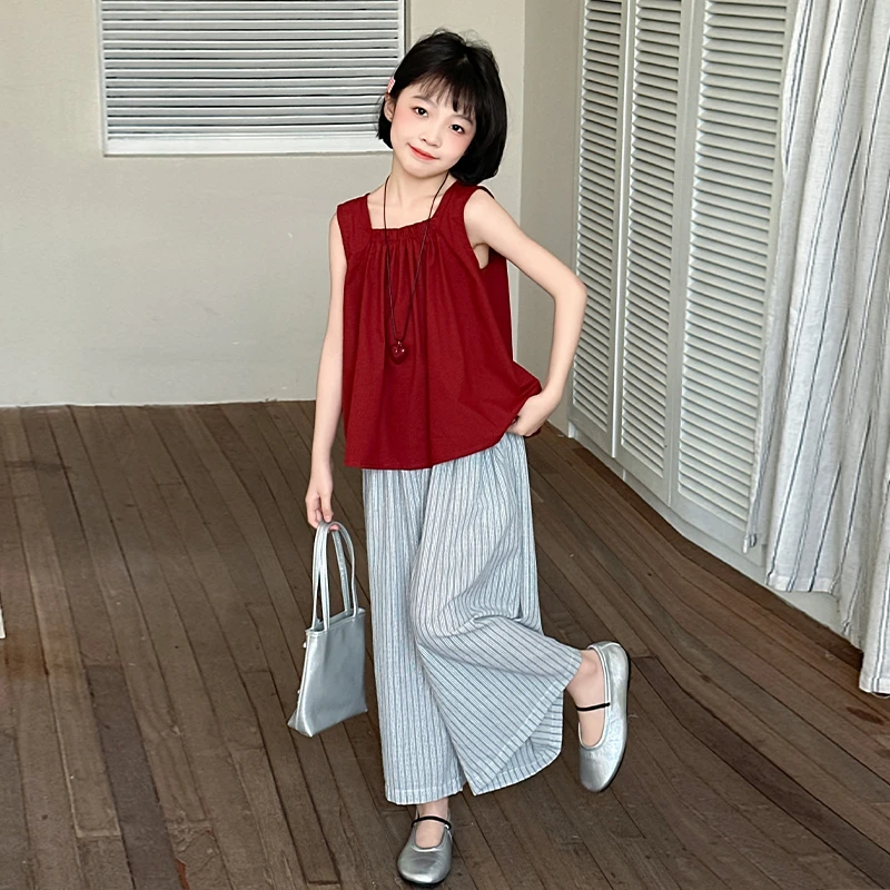 女童套装夏季2025新款洋气女孩韩版中大童穿搭儿童夏装红色背心裙