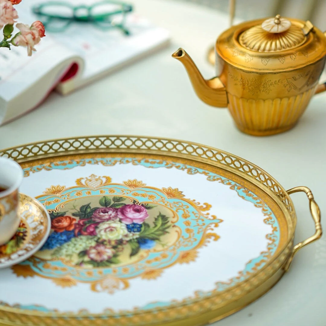 【奇居亭】铜边陶瓷椭圆托盘花卉托盘#J-2001-F145不焦