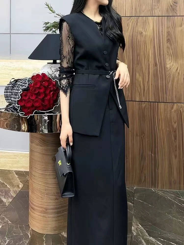 【T1615】小香风黑色套装裙新款时尚气质显瘦职业通勤V领马甲套装