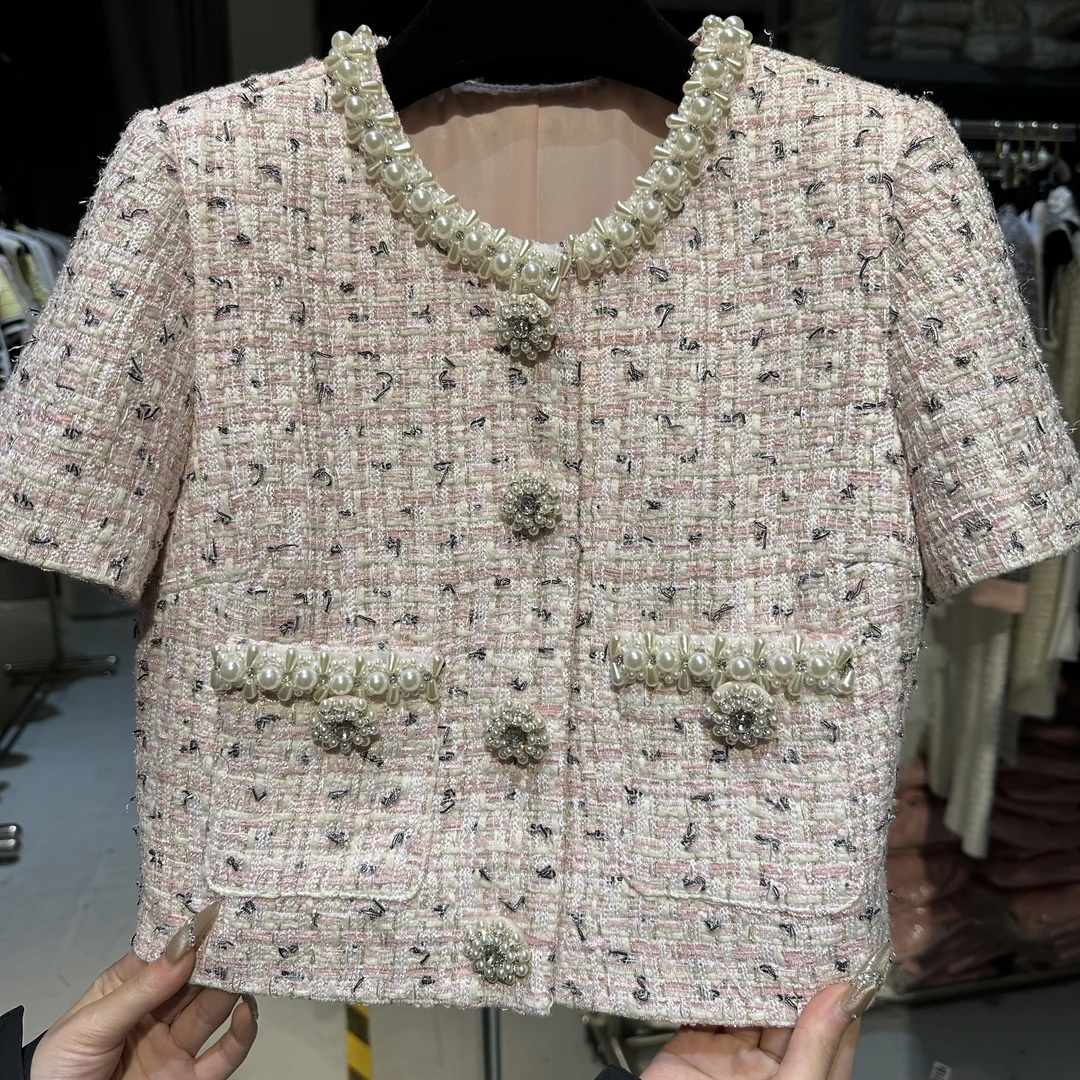 <猪猪出品>气质百搭高级时尚浅粉色系圆领钉珠女装毛针织衫531