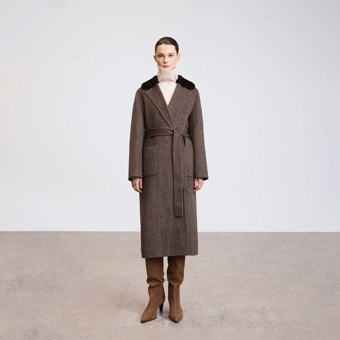 QIQIFUR 水貂领口饰边羊毛羊绒呢大衣