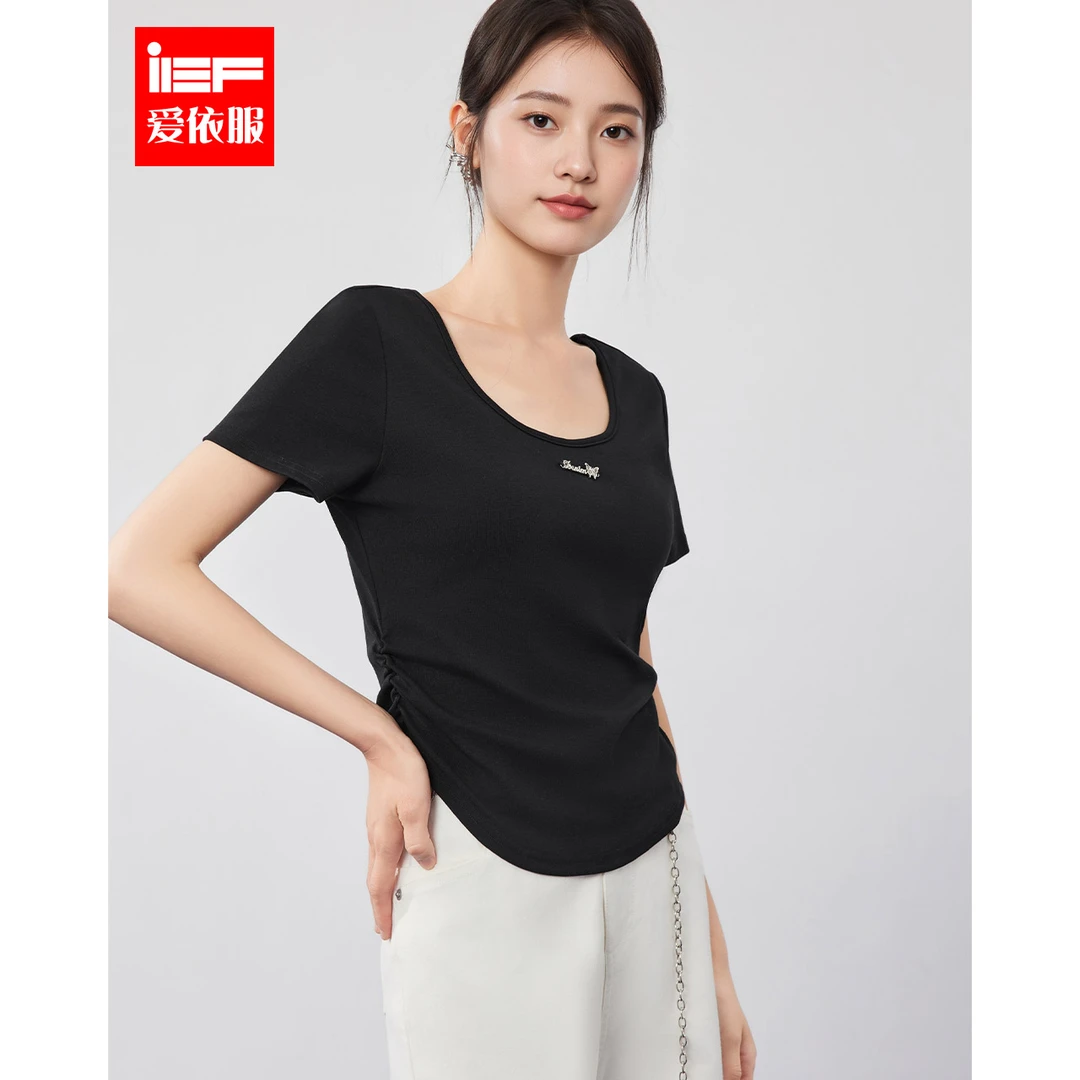 IEF/爱依服2025夏季新款纯色蕾丝镂空上衣短款辣妹显瘦百搭T恤