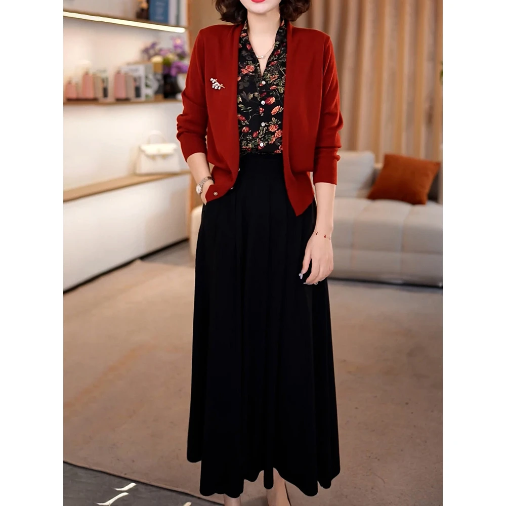 优雅轻熟风裙套装女2025秋季新款气质拼接假两件针织上衣+半身裙