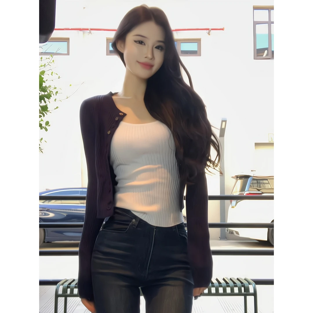 针织开衫外套内搭吊带背心上衣两件套微喇牛仔裤显瘦拖地喇叭裤子