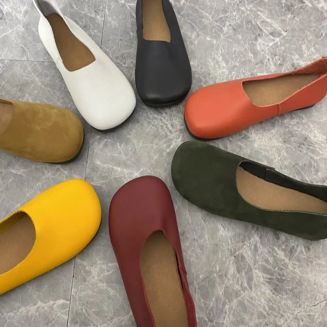 春夏款纯手工牛皮鞋森系真皮文艺风纯色单鞋圆头套脚平底鞋女