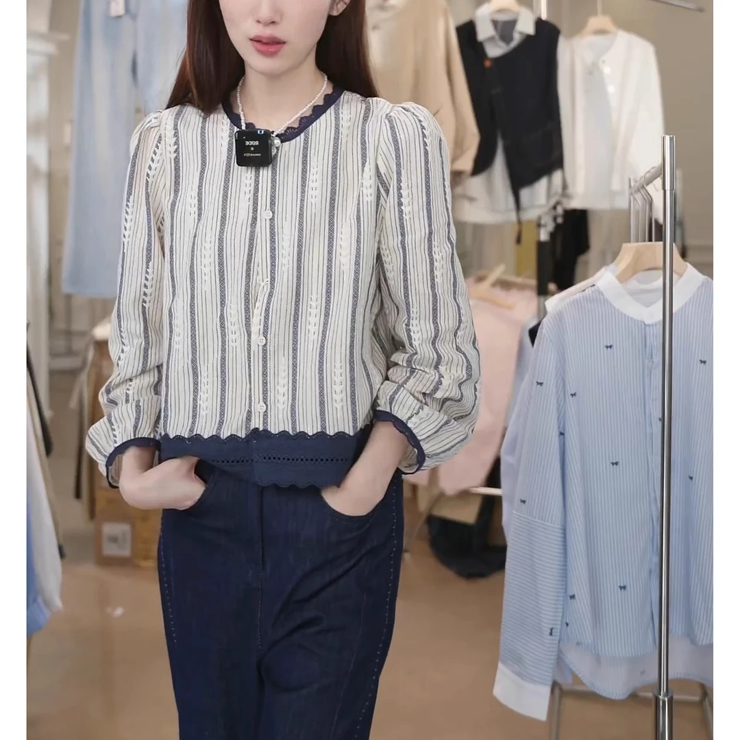 2025早秋新款女装巨好看短款小衫蕾丝花边长袖衬衫法式小资小上衣