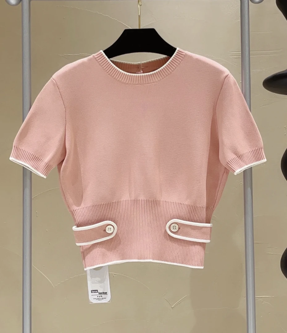 99新 MIU MIU/缪缪  bb1058 粉色针织短袖 38码