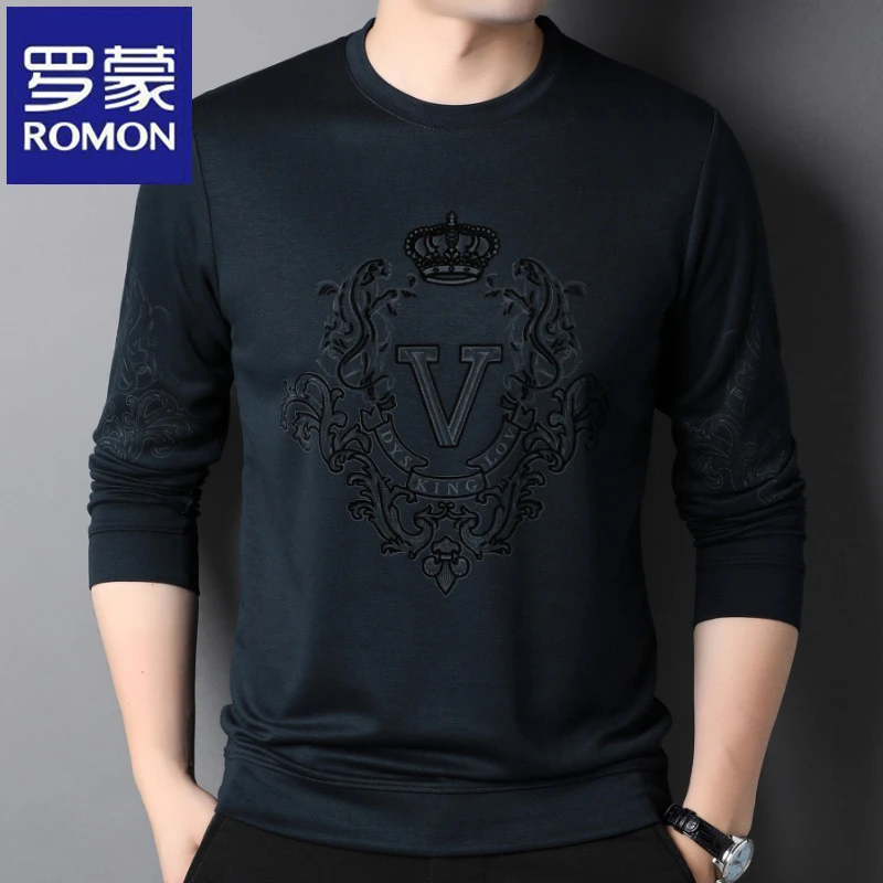 罗蒙春秋季新款高档百搭长袖t恤男士时尚宽松休闲圆领打底衫上衣