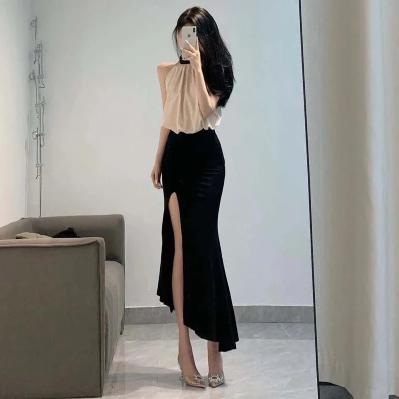 2025新款设计感小众甜酷气质辣妹性感开叉黑色包臀半身裙子套装