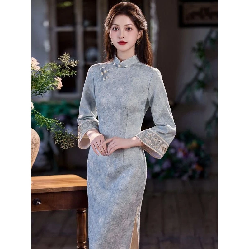 蓝色国风长款长袖旗袍秋季2025新款女复古修身收腰日常可穿新中式