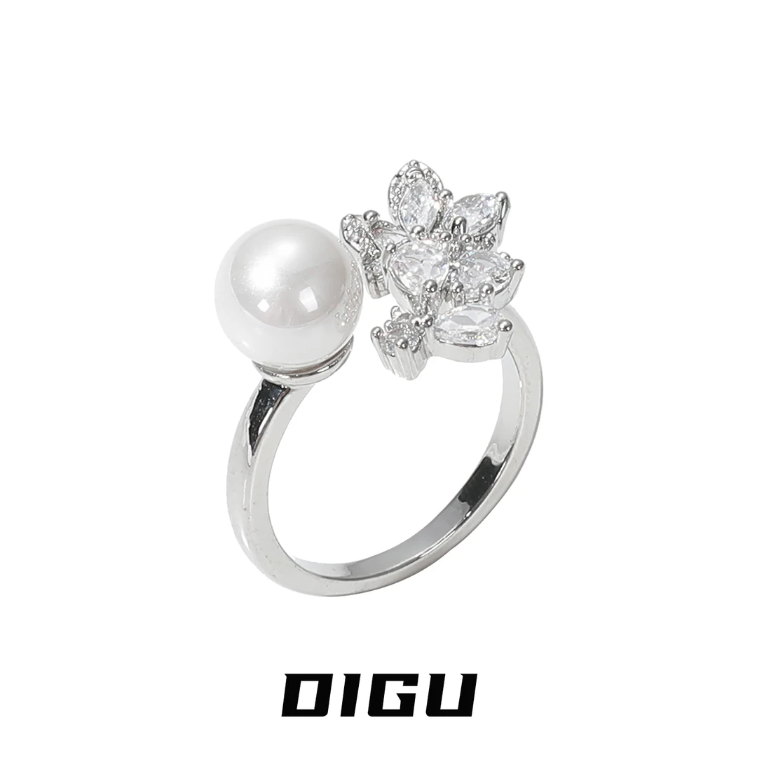 嘀咕家 铜合金仿珍珠戒指 轻奢羽毛珍珠戒指开口可调节食指戒手饰