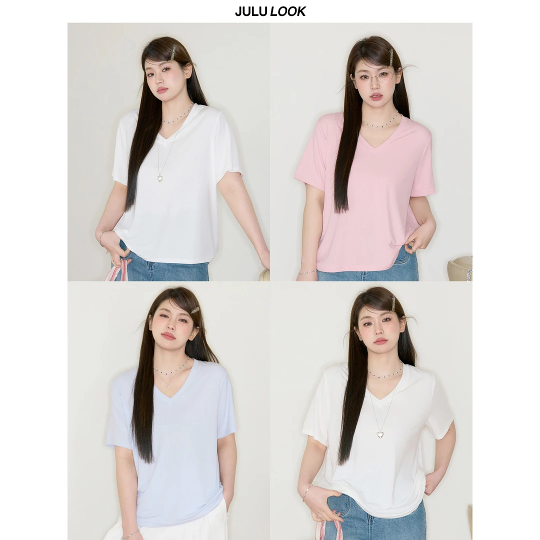 巨鹿工作室“好穿Tee”微胖mm韩系简约百搭V领正肩短袖t大码上衣