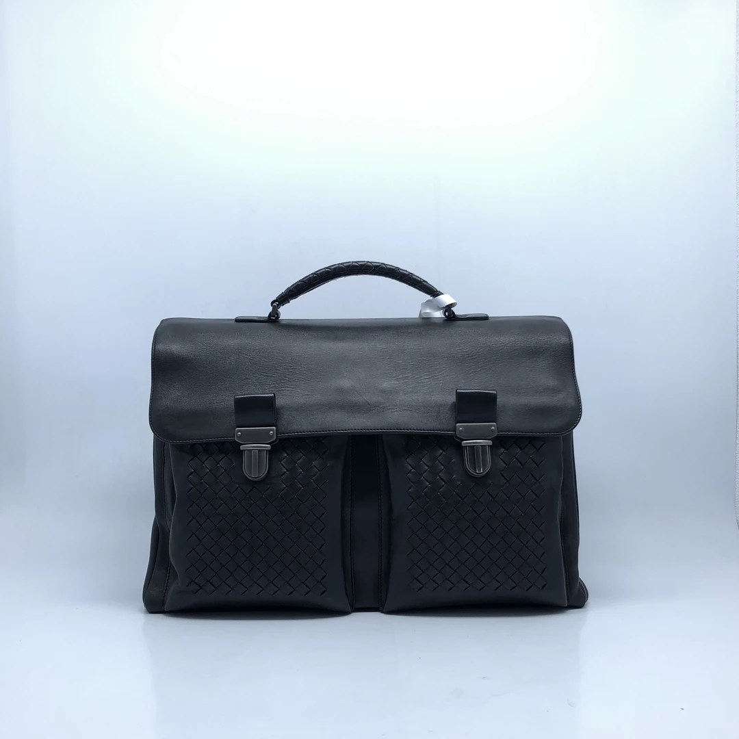 95新 BOTTEGA VENETA/葆蝶家 黑皮编织双扣手提包/4354号