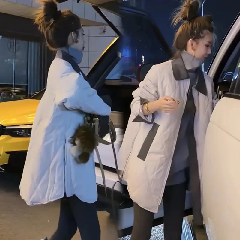 设计感洋气百搭宽松夹棉外套欧货秋冬撞色拼接中长款菱形格子棉服