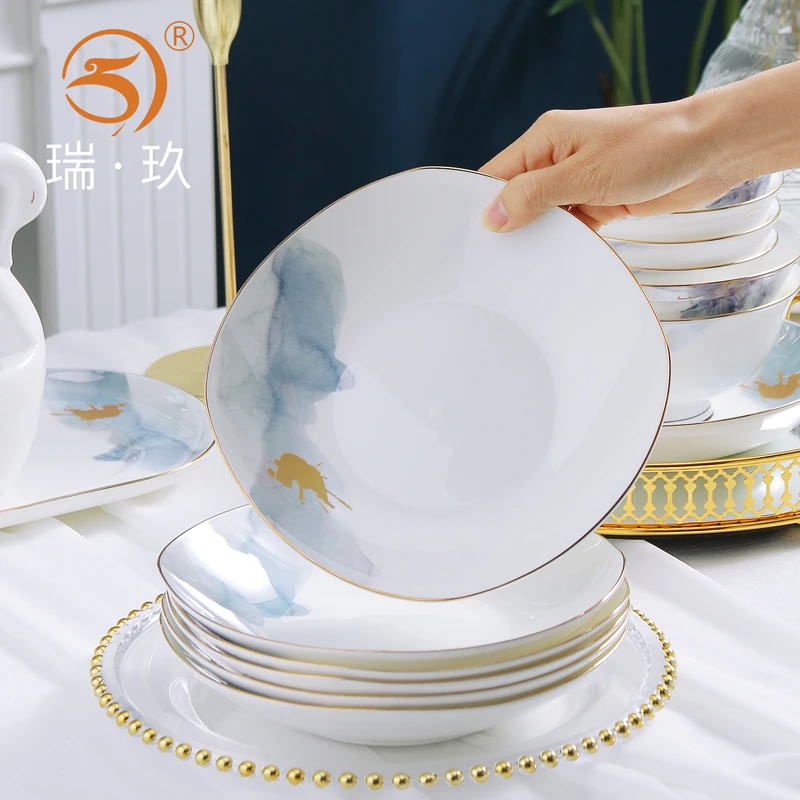 瑞玖盘子菜盘家用骨瓷8英寸深汤盘欧式金边餐具饭盘简约金边盘碟