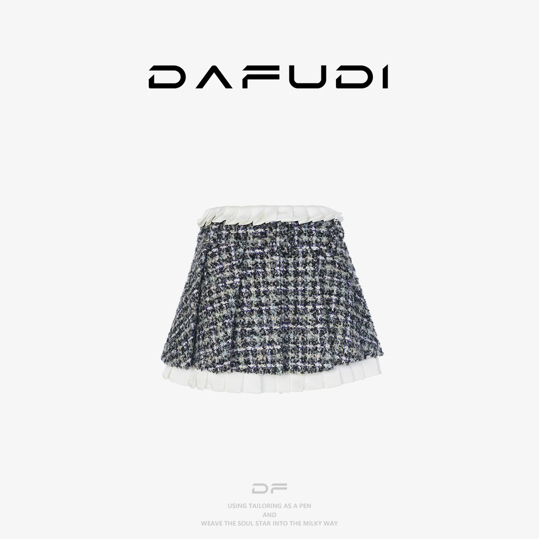 达芙笛【半身裙】25冬季新款腰头撞色学院风粗花呢格纹短裙Z7987