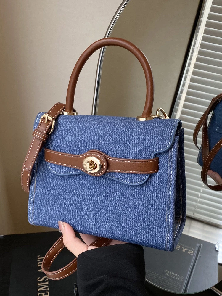 纯色单根包盖单肩包斜跨竹节深蓝色四色经典单肩双色中号