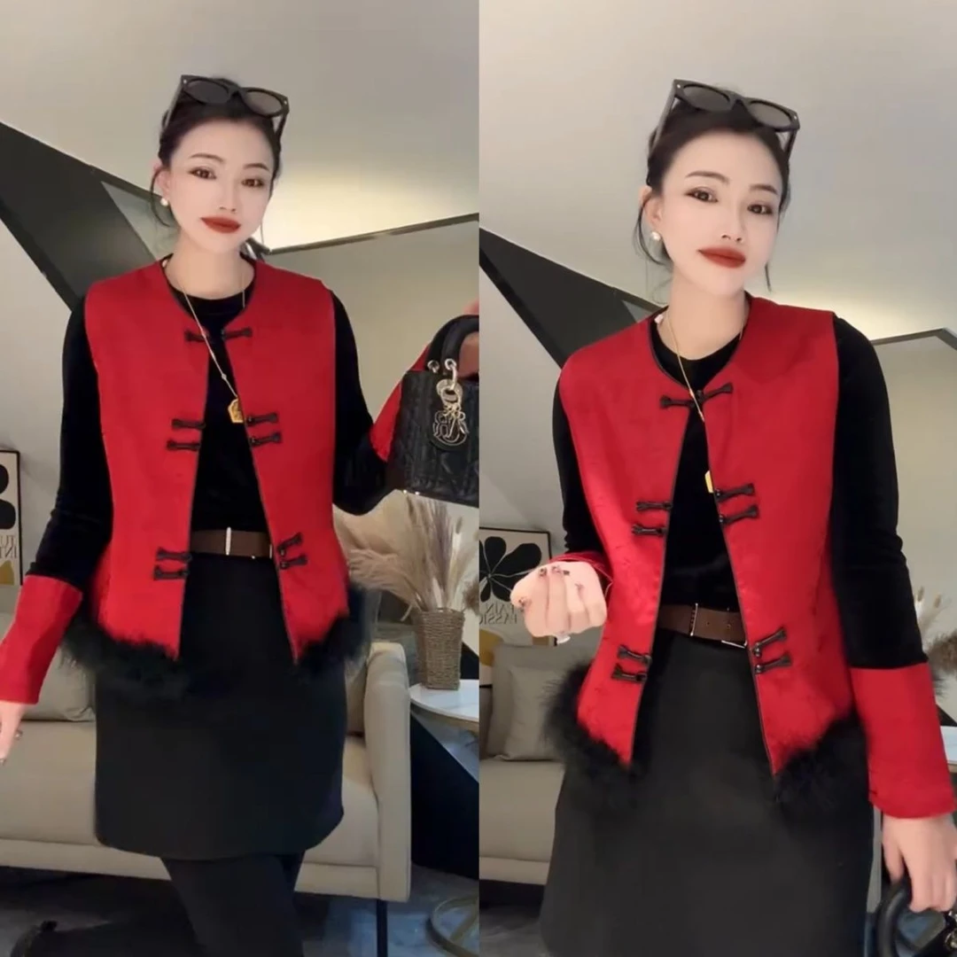 拜年中式旗袍国风套装冬季加厚2025新年盘扣马甲新款天内发货