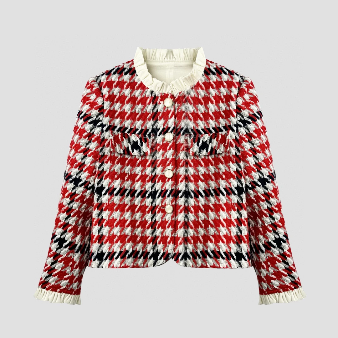 清货：南油秋冬韩版格纹短款千鸟格小香风短外套上衣XF08