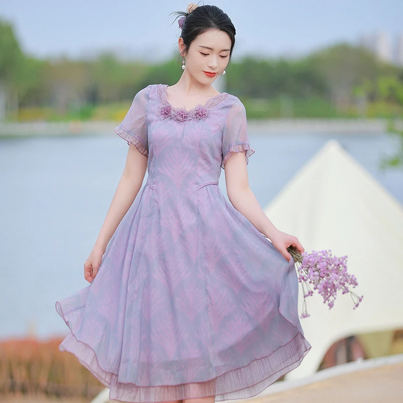 烟花烫复古法式连衣裙女夏季新款气质显瘦小个子灰紫色a字裙 垂虹