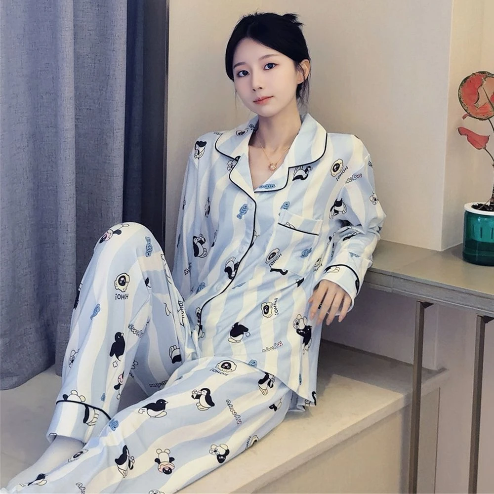秋冬德绒睡衣蓝条小企鹅长袖长裤保暖