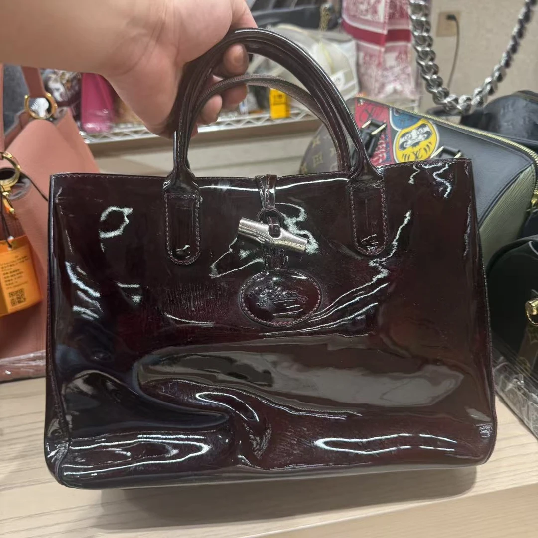 90新 YSL/圣罗兰 龙骧LONGCHANP漆皮车厘子色手提包