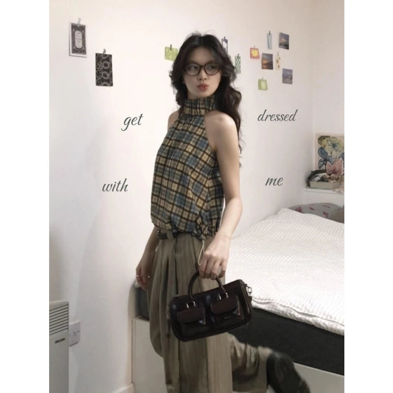 MARIE.COCO复古格纹挂脖撞色吊带背心搭配复古垂感直筒休闲裤套餐