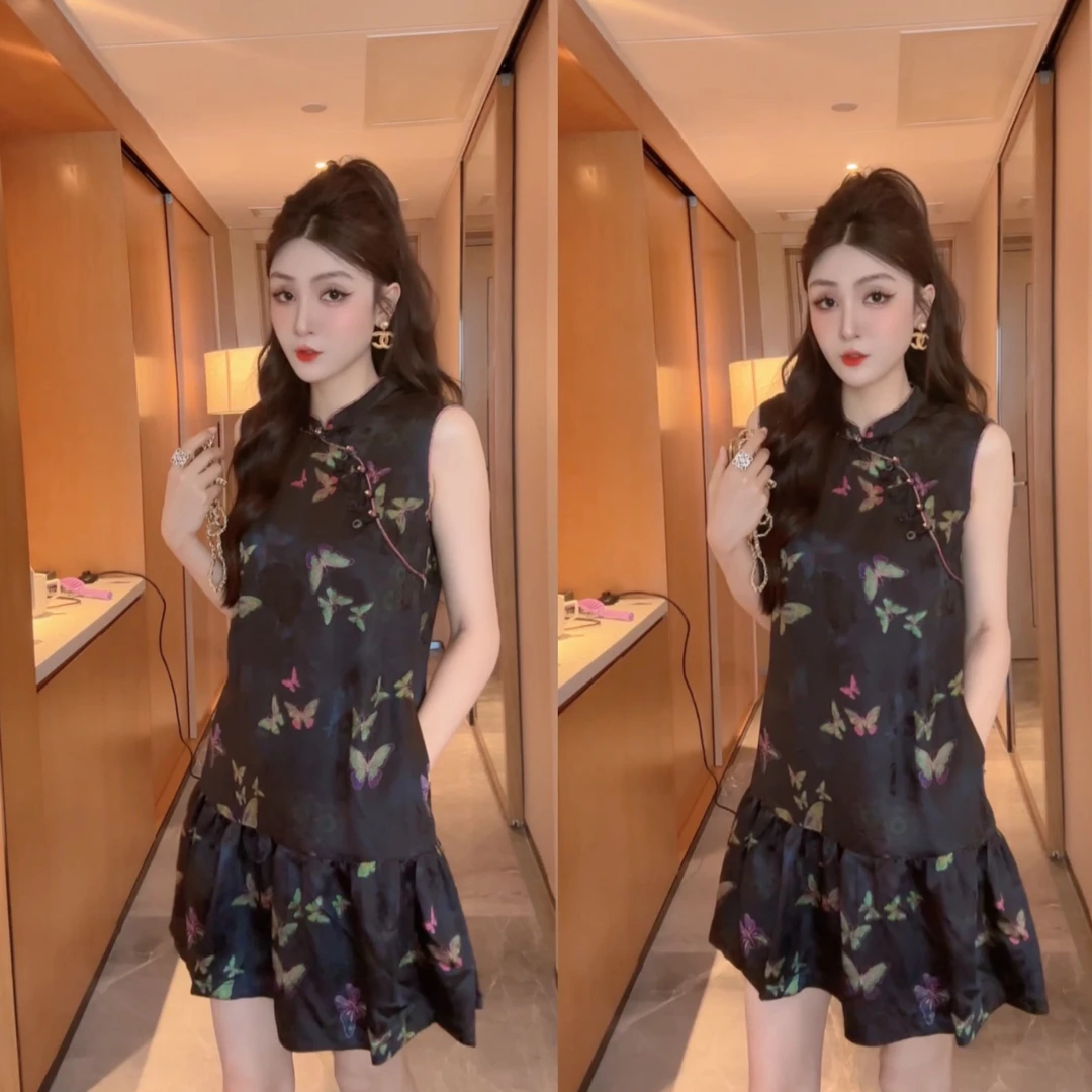 M9A86150   夏季气质高级黑减龄显瘦新款显白短袖轻奢连衣裙