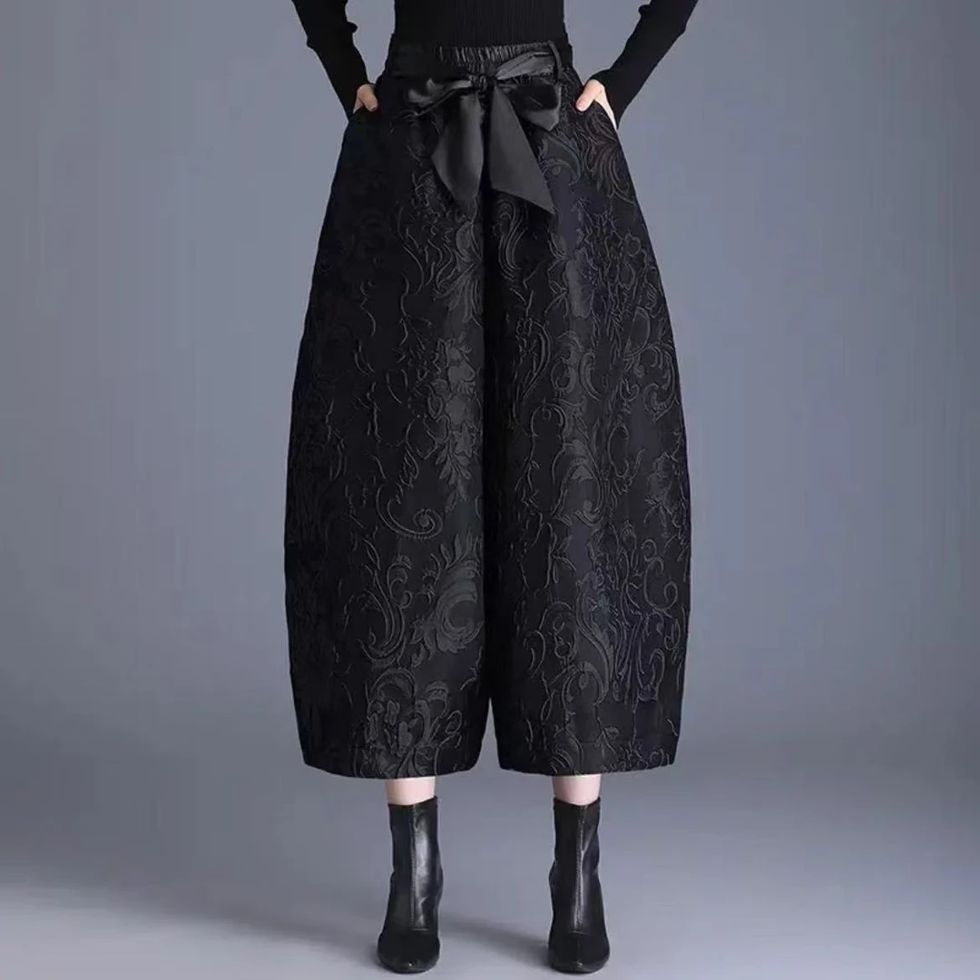 灯笼花苞裤女士2025春秋新款妈妈宽松长裤子休闲九分提花阔腿裤