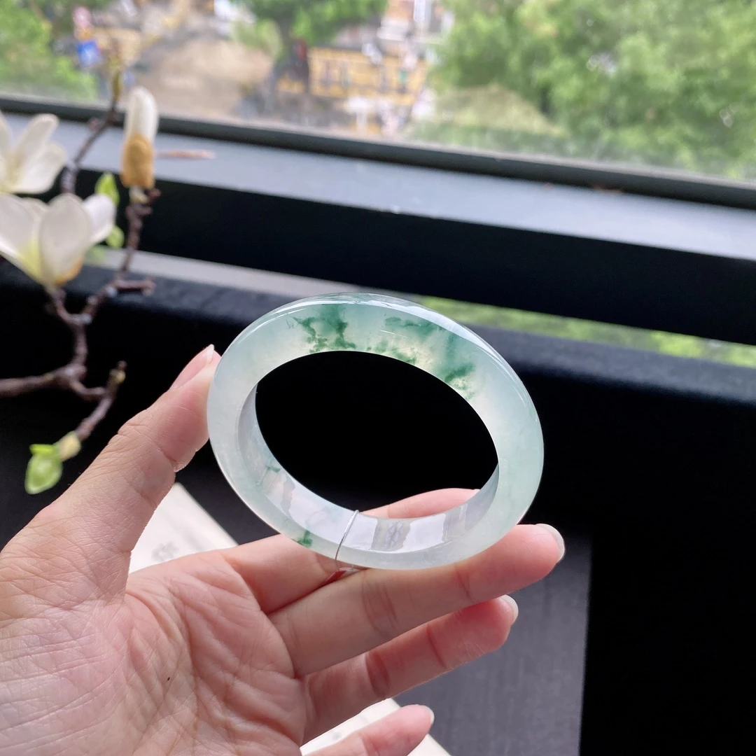 好色珠宝 圈口56缅甸老坑A货冰种飘花正圈女款翡翠手镯