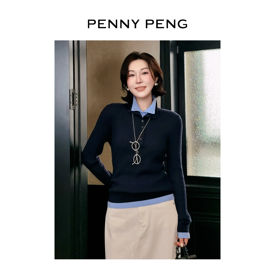 PENNYPENG 毛衣叠叠乐 撞色假两件绵羊毛长袖上衣修身百搭针织衫