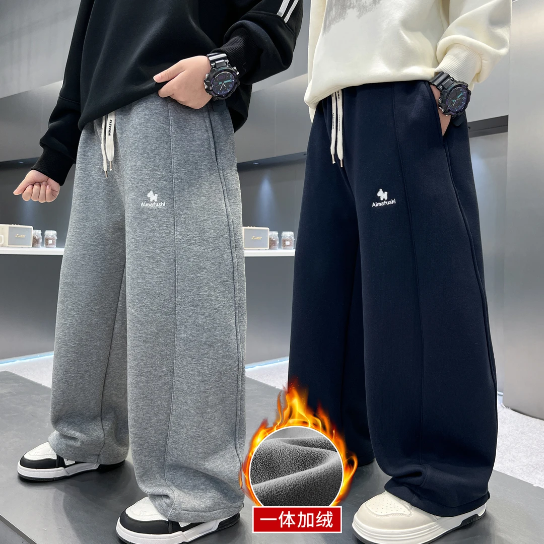 男童秋冬款刺绣弯刀加绒卫裤中大童加厚防风保暖一体绒休闲韩版潮