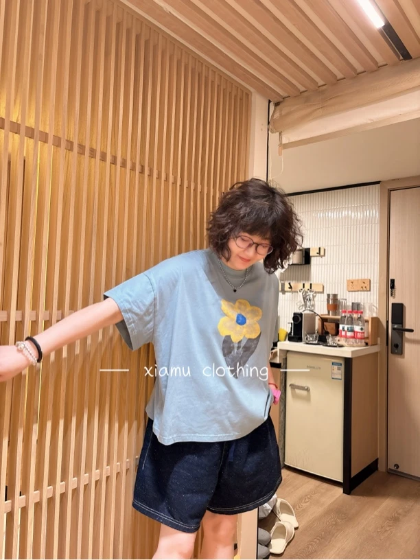 夏沐家甜美花朵百搭休闲棉T恤404