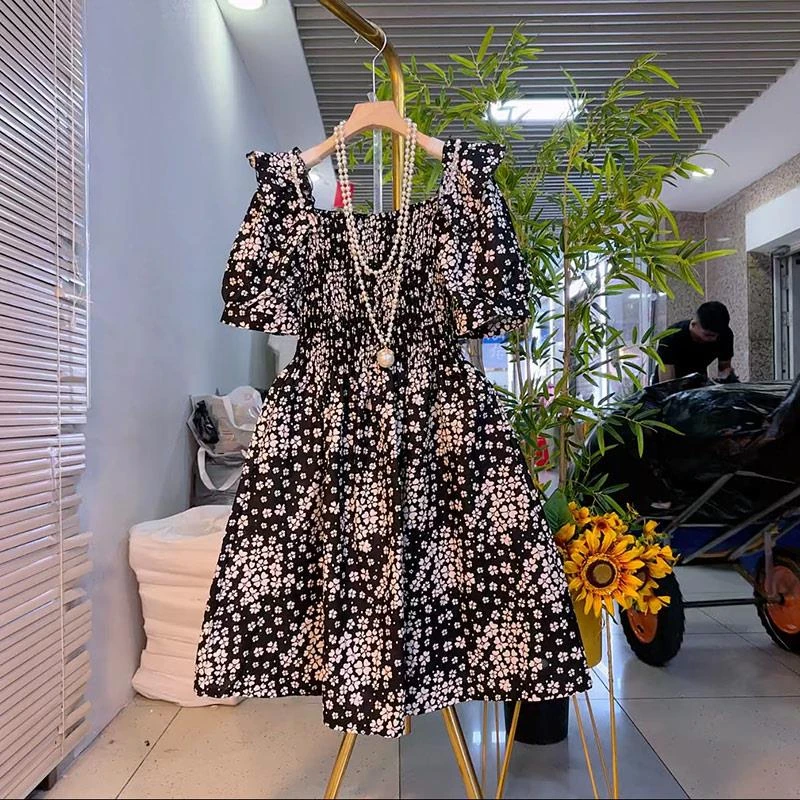 胖MM显瘦方领荷叶肩收腰短袖碎花裙韩版大码女装甜美中长款连衣裙