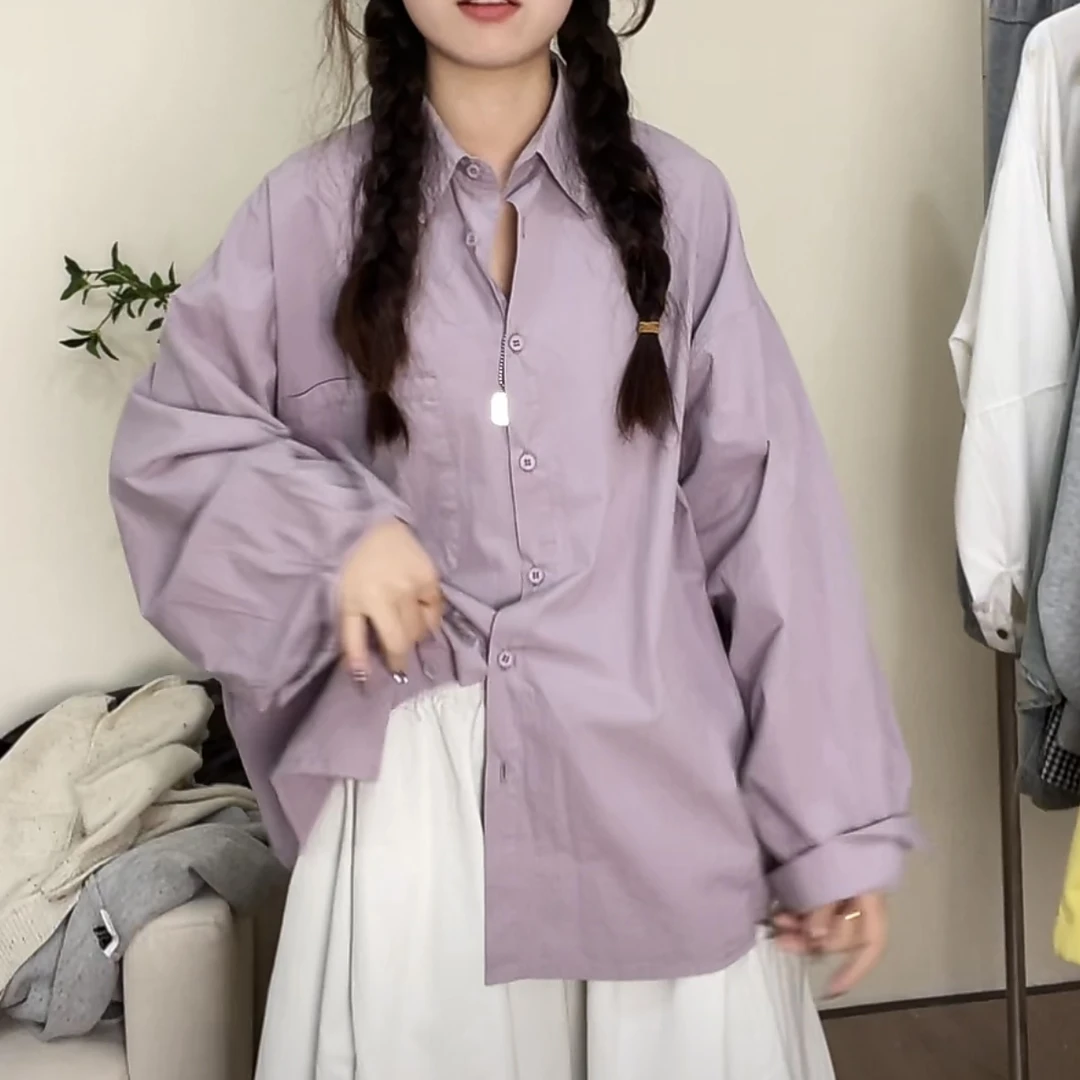 【赵哈哈】日系纯色衬衫宽松百搭春季新款衬衣女简约外穿文艺风