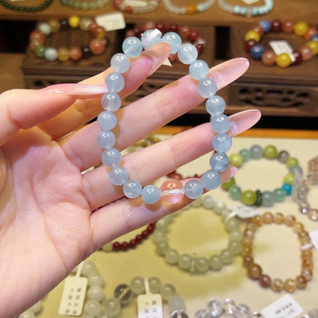 水晶手串银S925镀金镶嵌海蓝9083