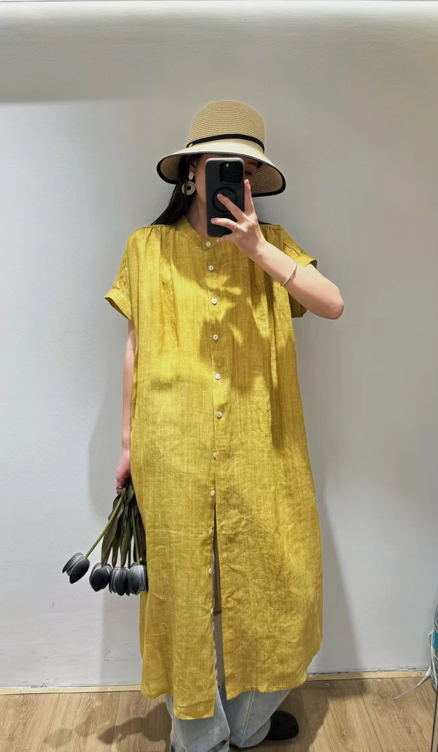 夏季新品100%苎麻炒色扎染重磅长衫女士