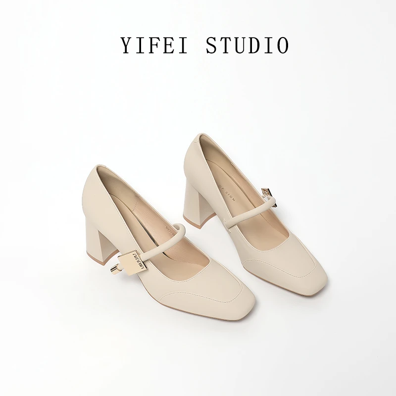 【跟高7CM】扣带不掉跟软皮小方扣玛丽珍鞋浅色系粗跟方头高跟鞋女