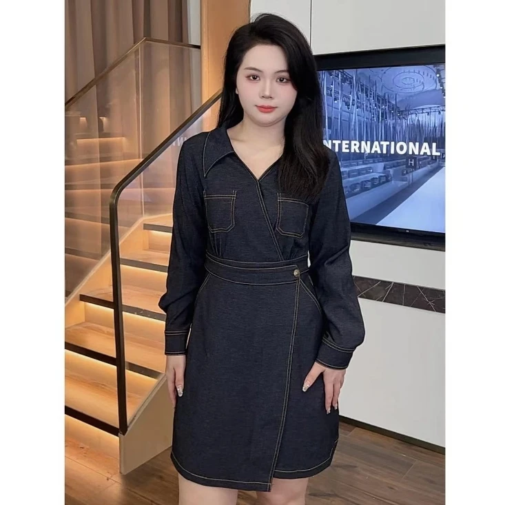微胖定制~【dm742长袖】设计感复古气质收腰仿牛仔连衣裙
