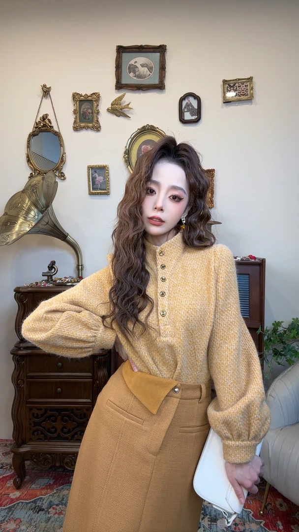 【十一港风】时尚气质复古显瘦立领通勤衬衫Y4669