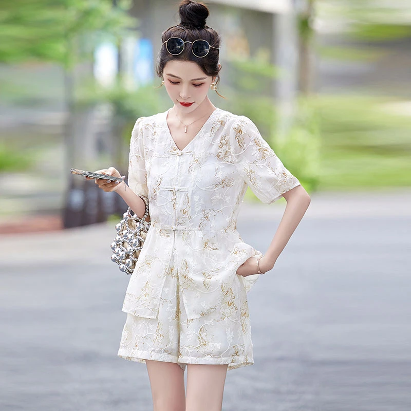 新中式国风休闲两件套女夏季新款小个子显高显瘦减龄阔腿短款套装