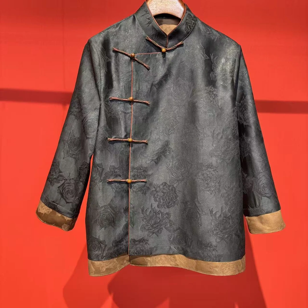 艾可原创  短外套  玫瑰花 桑波缎提花香云纱 长65起