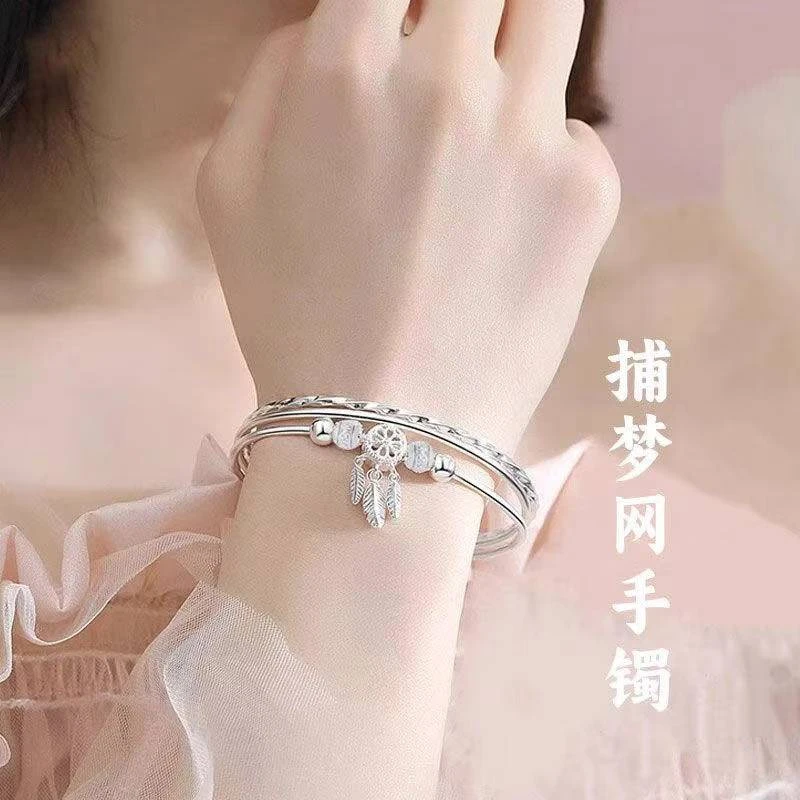 足银手镯 足银手镯 足银999三生三世捕梦网转运珠手镯送女友